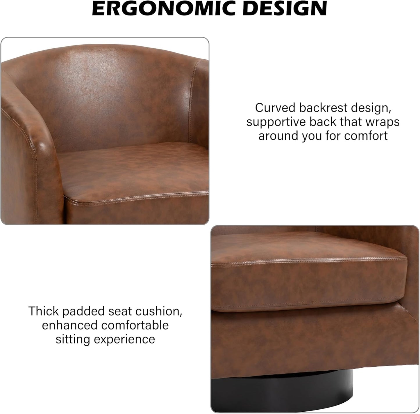 Swivel Barrel Accent Chair, Modern Round Faux Leather Arm Chair for Living Room, Bedroom, Comfy