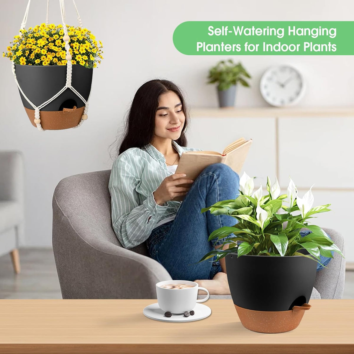 Hanging Planters for Indoor Outdoor Plants, 2 Pack Self Watering Hanging Pot with Drainage Holes