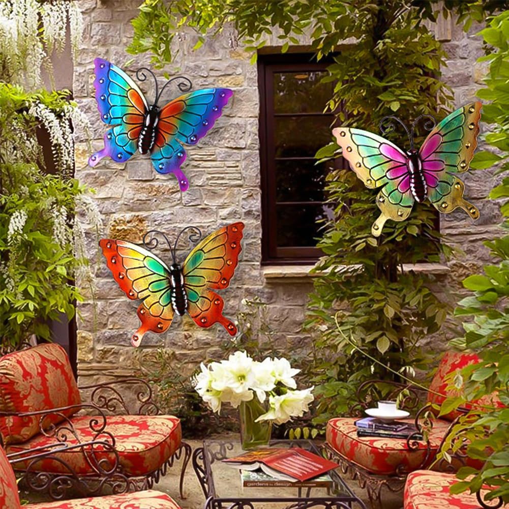 MACLARONX 3Pcs Metal Butterfly Wall Decor,11" Large Outdoor Fence Yard Art Butterflies 3D Garden