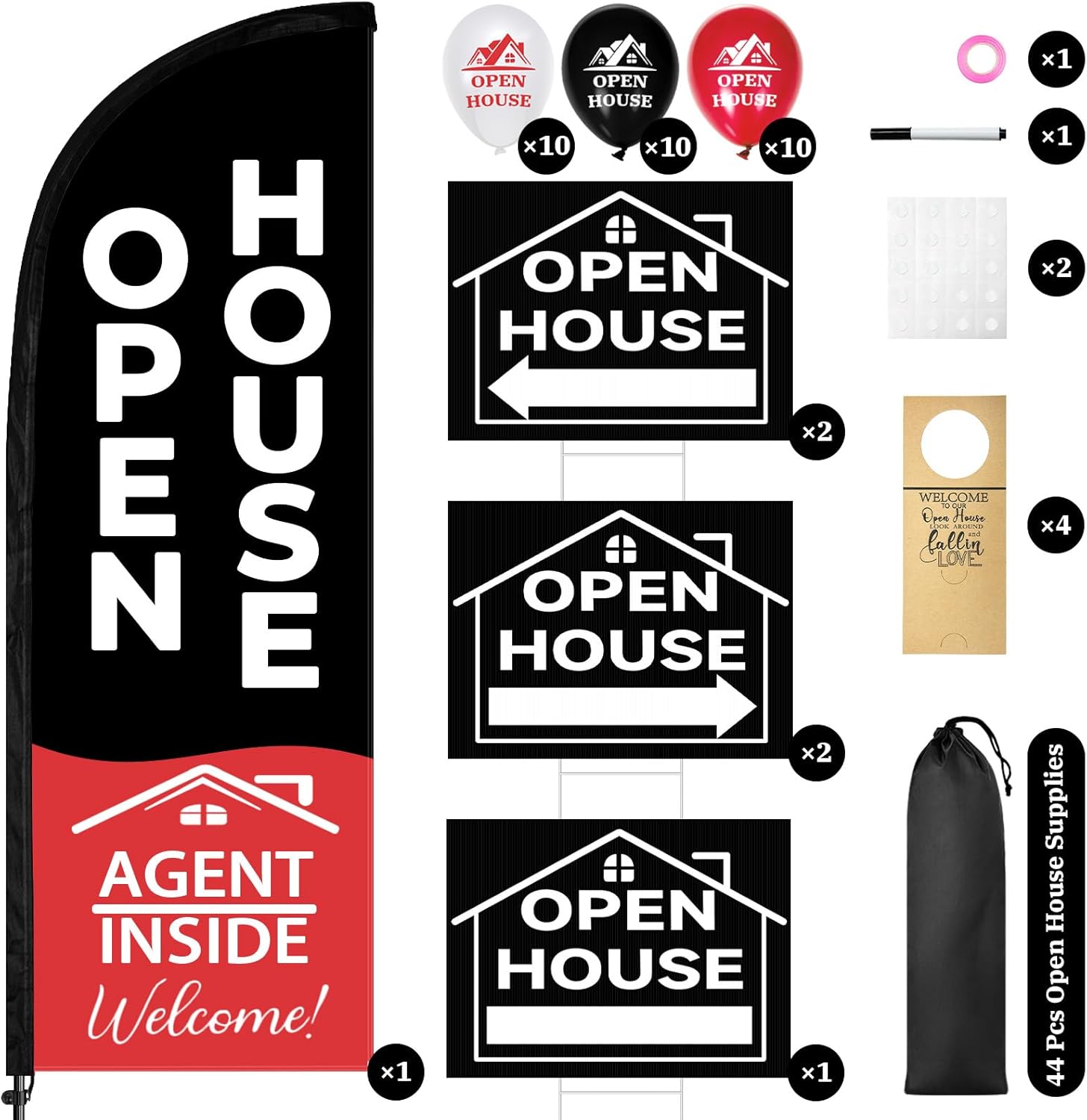 44 Pcs Open House Signs for Real Estate, Double Sided Open House Flag Kit, 7.6 x 5.4 Ft Black