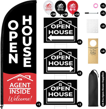 44 Pcs Open House Signs for Real Estate, Double Sided Open House Flag Kit, 7.6 x 5.4 Ft Black