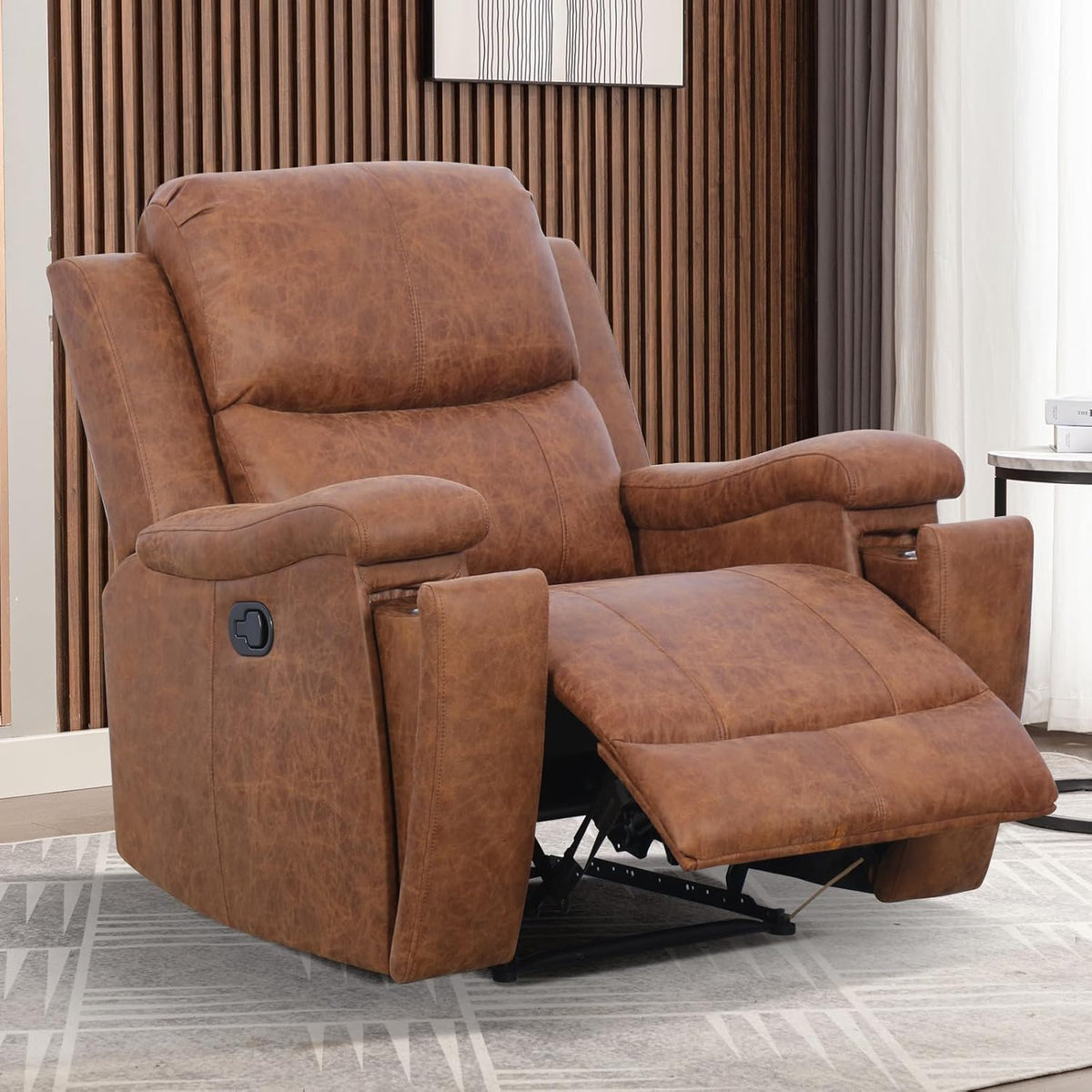 Brown Recliner Chair, Single Overstuffed Sofa Recliners, Breathable Faux Leather Manual Reclining