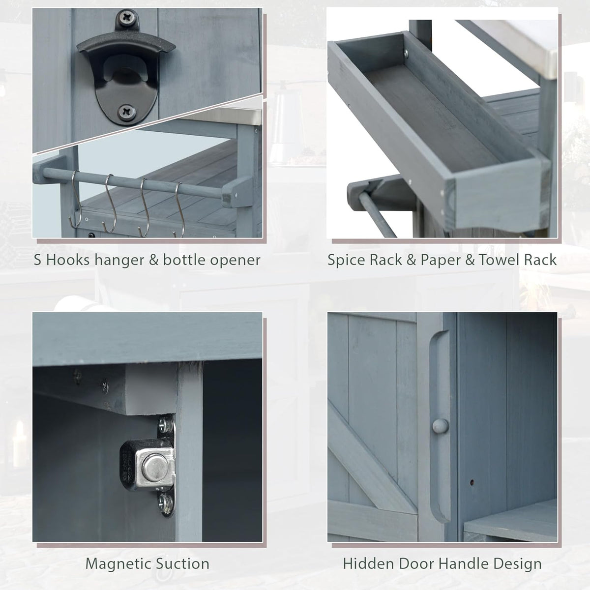 Outdoor Solid Wood Grill Table with Stainless Steel Top, Farmhouse Kitchen Island with Storage
