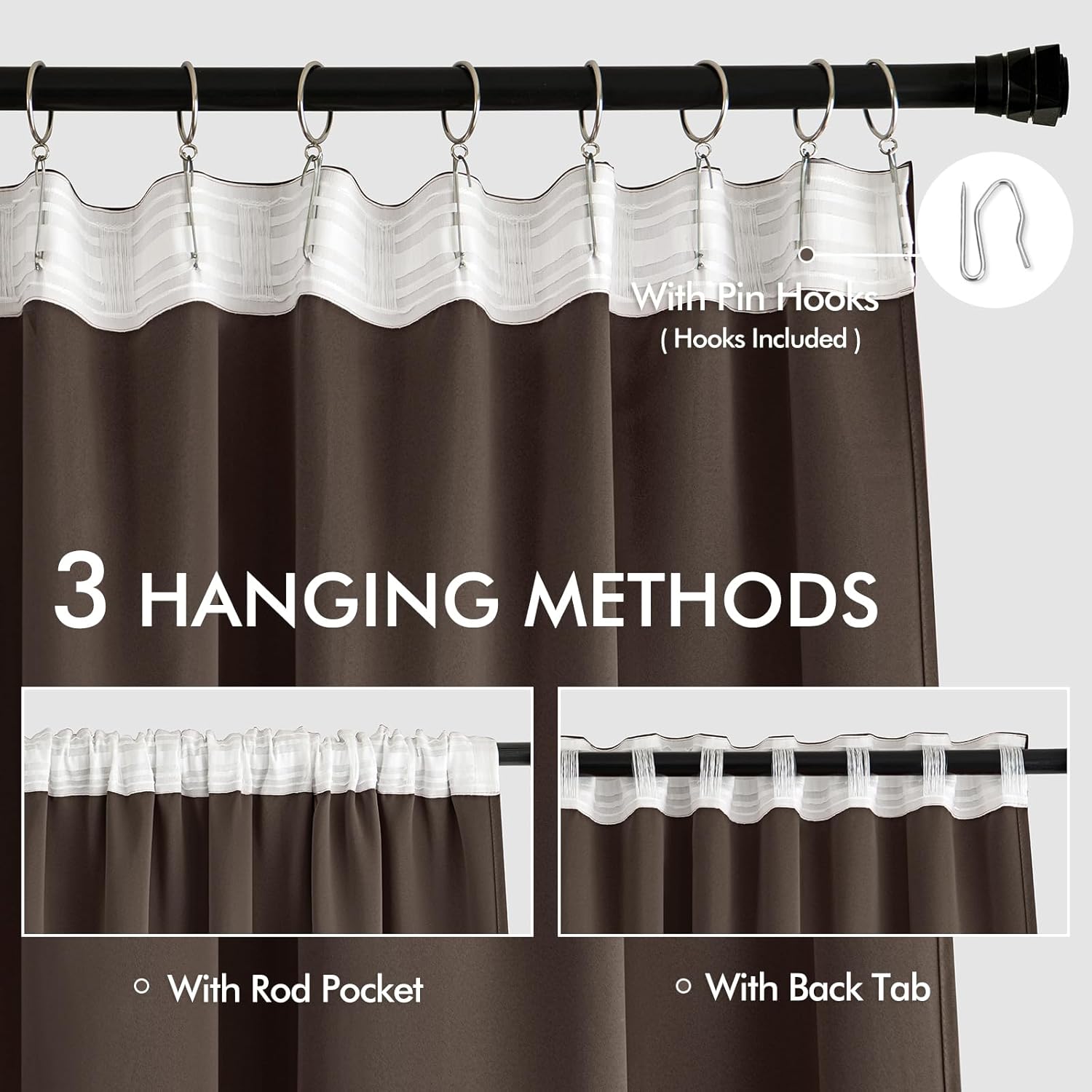 MIULEE Chocolate Brown Back Tab Blackout Curtains 63 Inch Length 2 Panels Set for Living Room