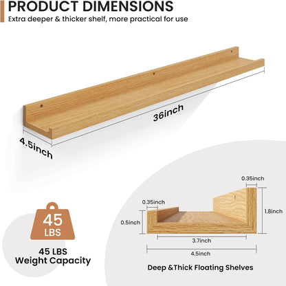 Fun Memories Picture Ledge Shelves Set of 2, 36 Inch Rustic Wall Mounted Floating Shelves with Lip