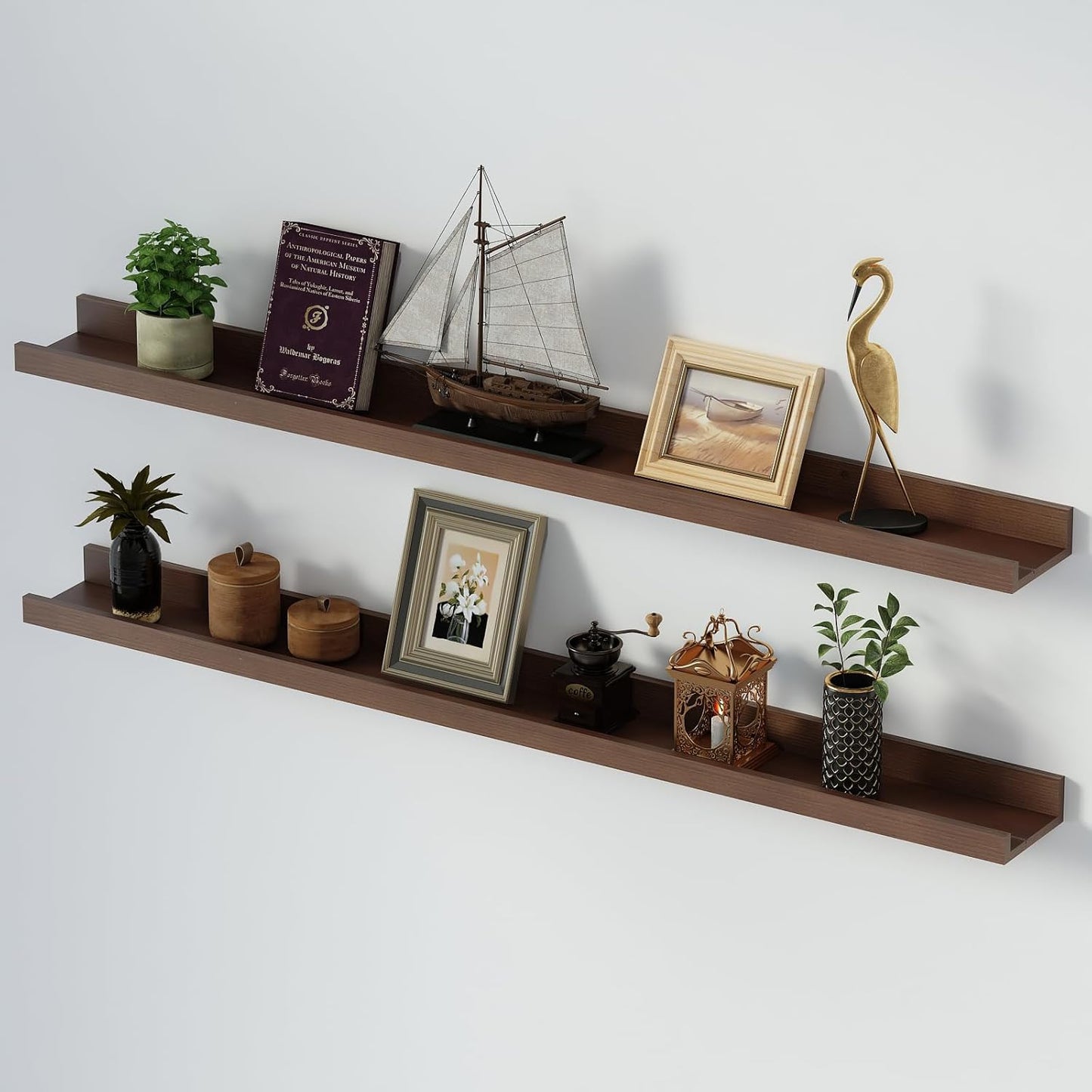 SAUMONIERES Picture Ledge Shelf Floating Book Shelves Set of 2 Wall Mounted Solid Wood for Bedroom