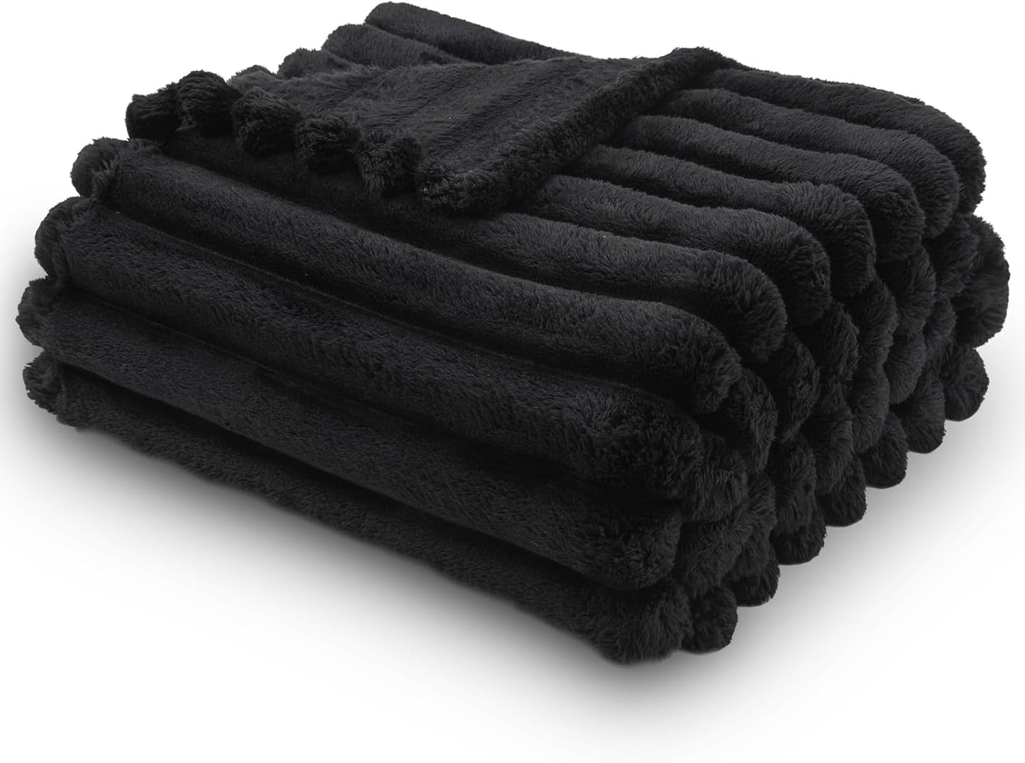 NEWCOSPLAY Super Soft Throw Blanket Black Premium Silky Flannel Fleece 3D Ribbed Jacquard