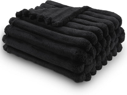 NEWCOSPLAY Super Soft Throw Blanket Black Premium Silky Flannel Fleece 3D Ribbed Jacquard