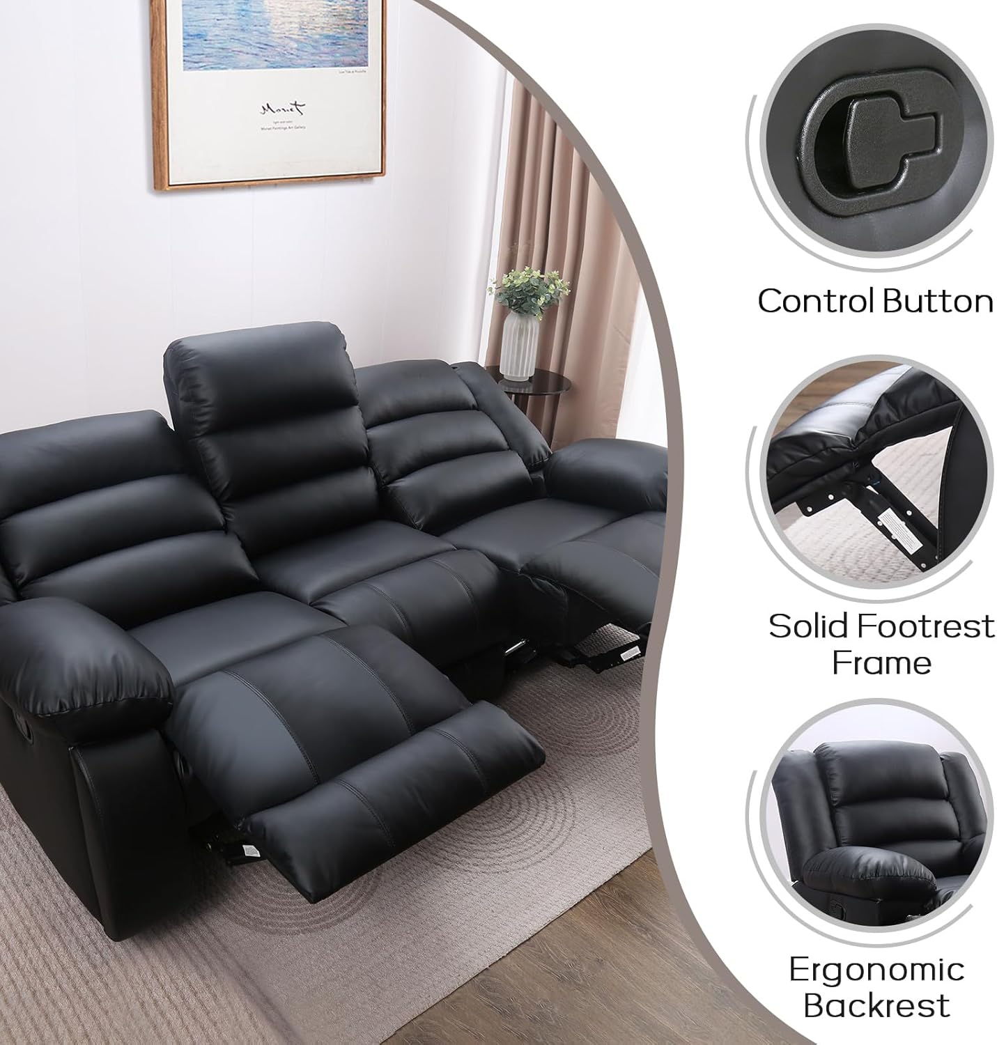 EBELLO Faux Leather Manual Reclining Sofa with 2 Concealed Cup Holders, Overstuffed Armrest 3 Seat