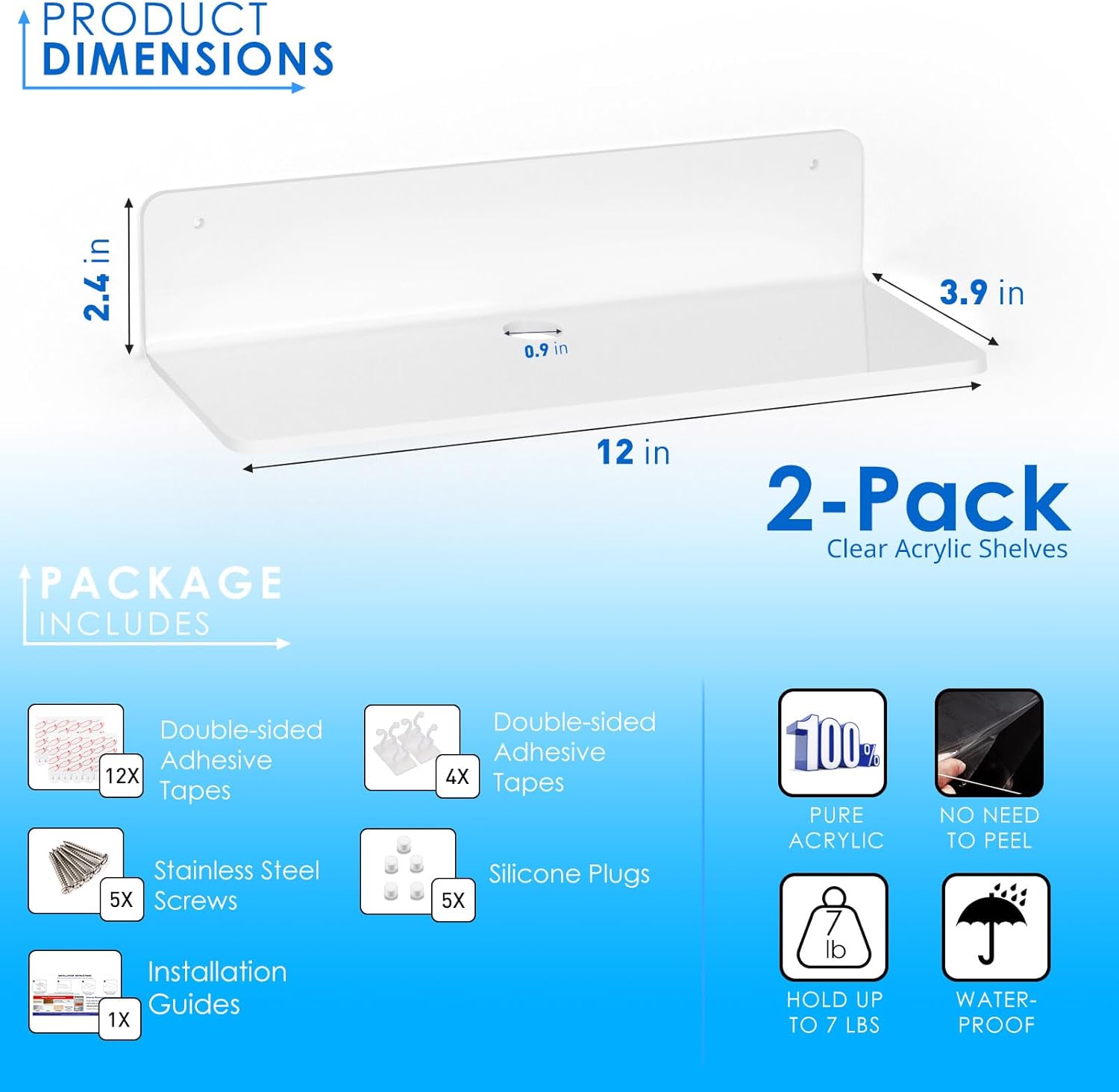 OAPRIRE White Acrylic Floating Shelves Set of 2 - Damage Free Expand Wall Space - 12 Inch Wall