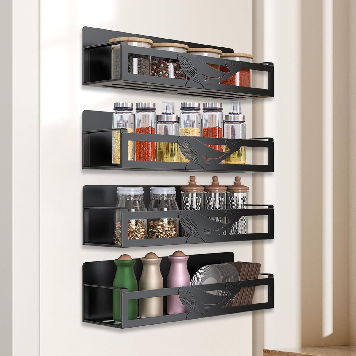 Magnetic Spice Rack for Refrigerator, 4-Pack Metal Seasoning Organizer for Kitchen Storage