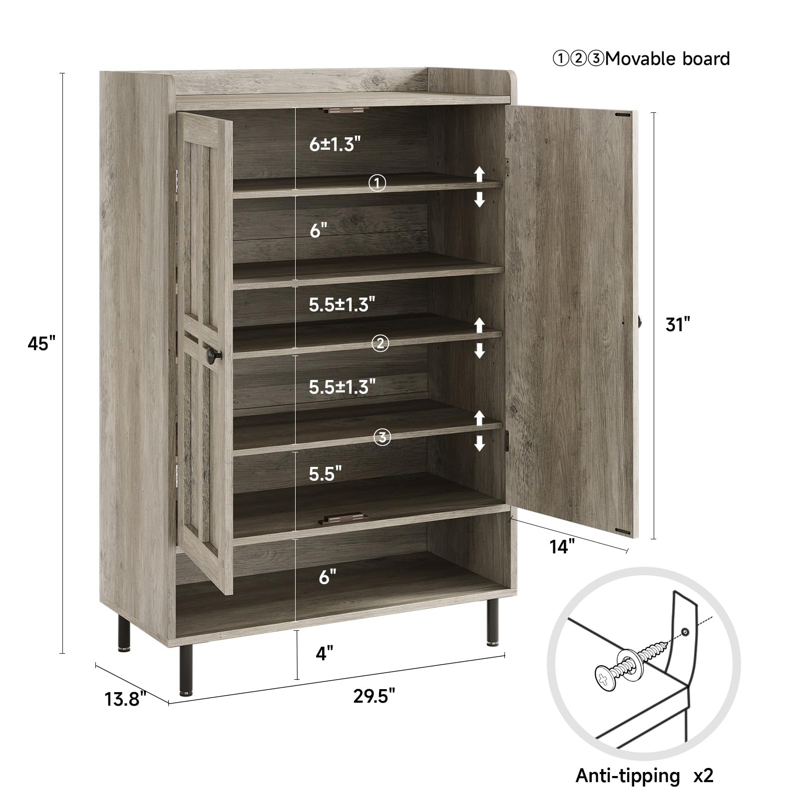 ComfyCorner Shoe Cabinet with Cross Molding Doors, 6-Tier Storage, Grey