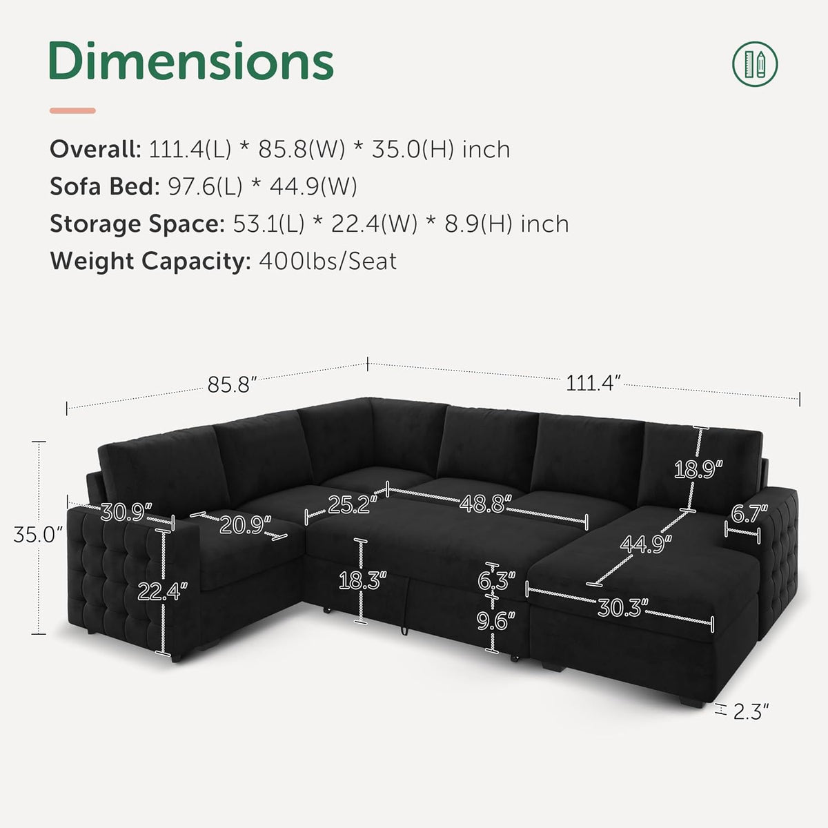 HONBAY Sectional Sleeper Sofa with Pull Out Bed U-Shape Sectional Couch with Storage Chaise 6