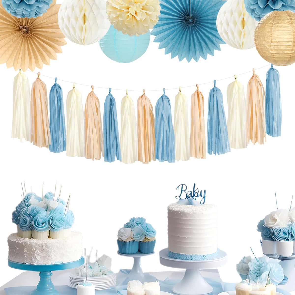 Dusty-Blue Baby-Shower Party-Decorations Tassel-Garland - 15pcs Neutral Boho Birthday Wedding
