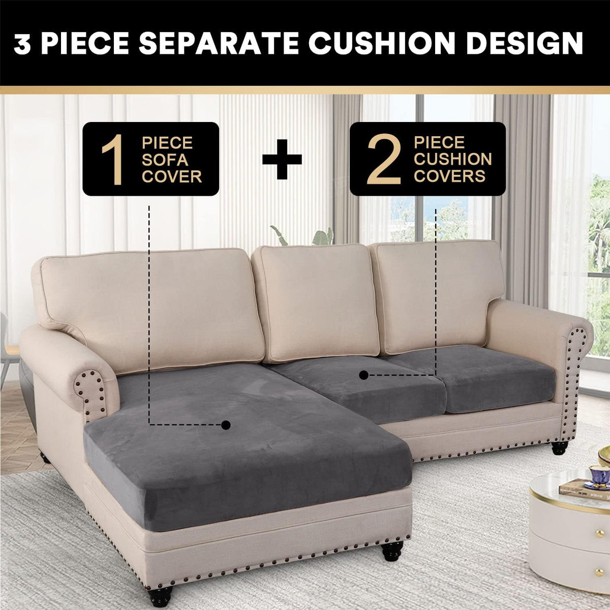 PrinceDeco Sectional Couch Covers 3 Pieces Velvet Sofa Covers L Shape Soft Couch Covers for
