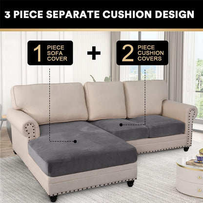 PrinceDeco Sectional Couch Covers 3 Pieces Velvet Sofa Covers L Shape Soft Couch Covers for