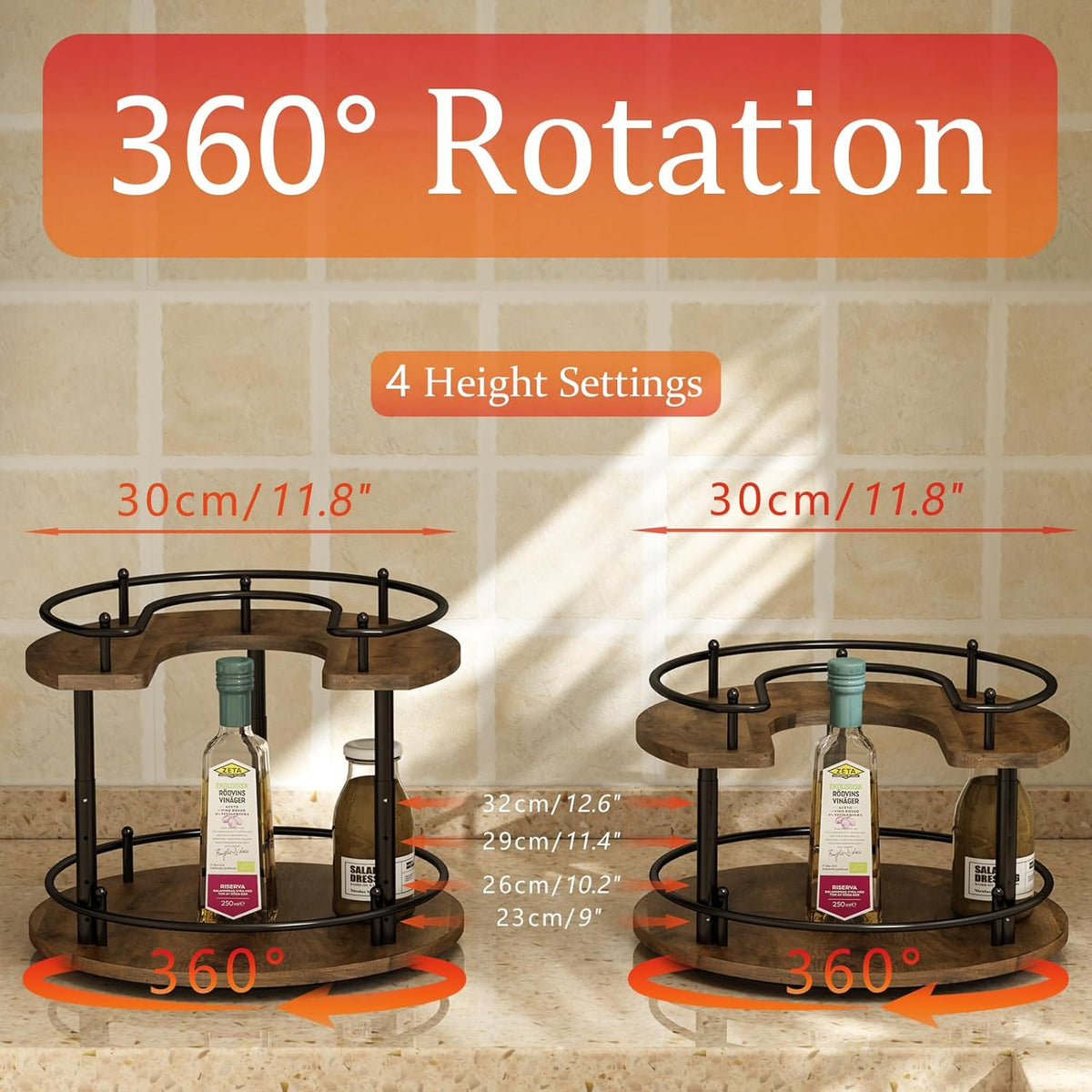 2 Tier Lazy Susan Organizer,2-Tier Spinning Spice Rack with Stable Carousel Base & 4 Height