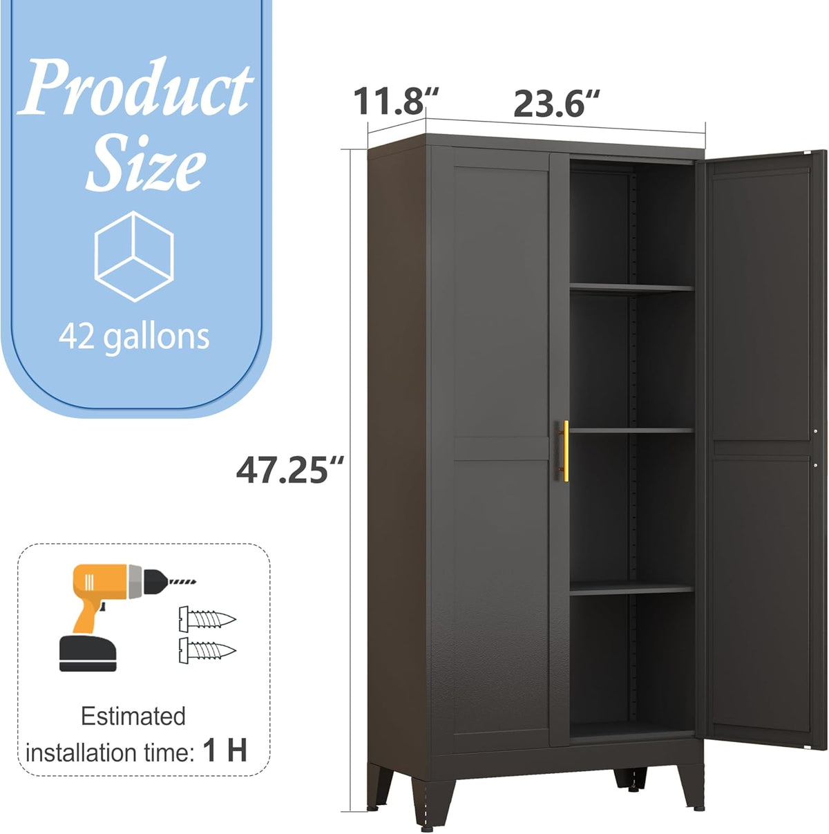 Black Metal Storage Cabinet, 48" Steel Cabinets for Home Office, Kitchen Pantry Storage Cabinet
