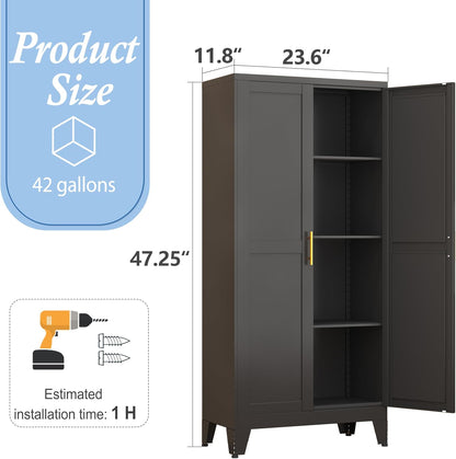 Black Metal Storage Cabinet, 48" Steel Cabinets for Home Office, Kitchen Pantry Storage Cabinet