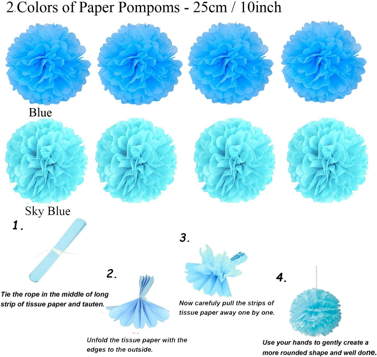 ZERODECO Party Decoration, 21 Pcs Blue Hanging Paper Fans, Pom Poms Flowers, Garlands String Polka