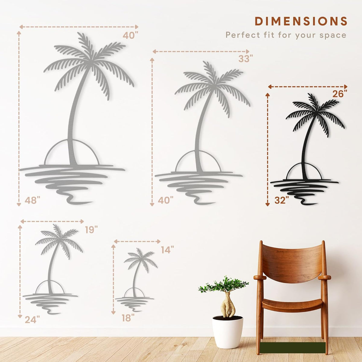 Metal Palm Tree with Sunset Wall Art, Large Outdoor Wall Decor, Tropical Beach Decor for Living