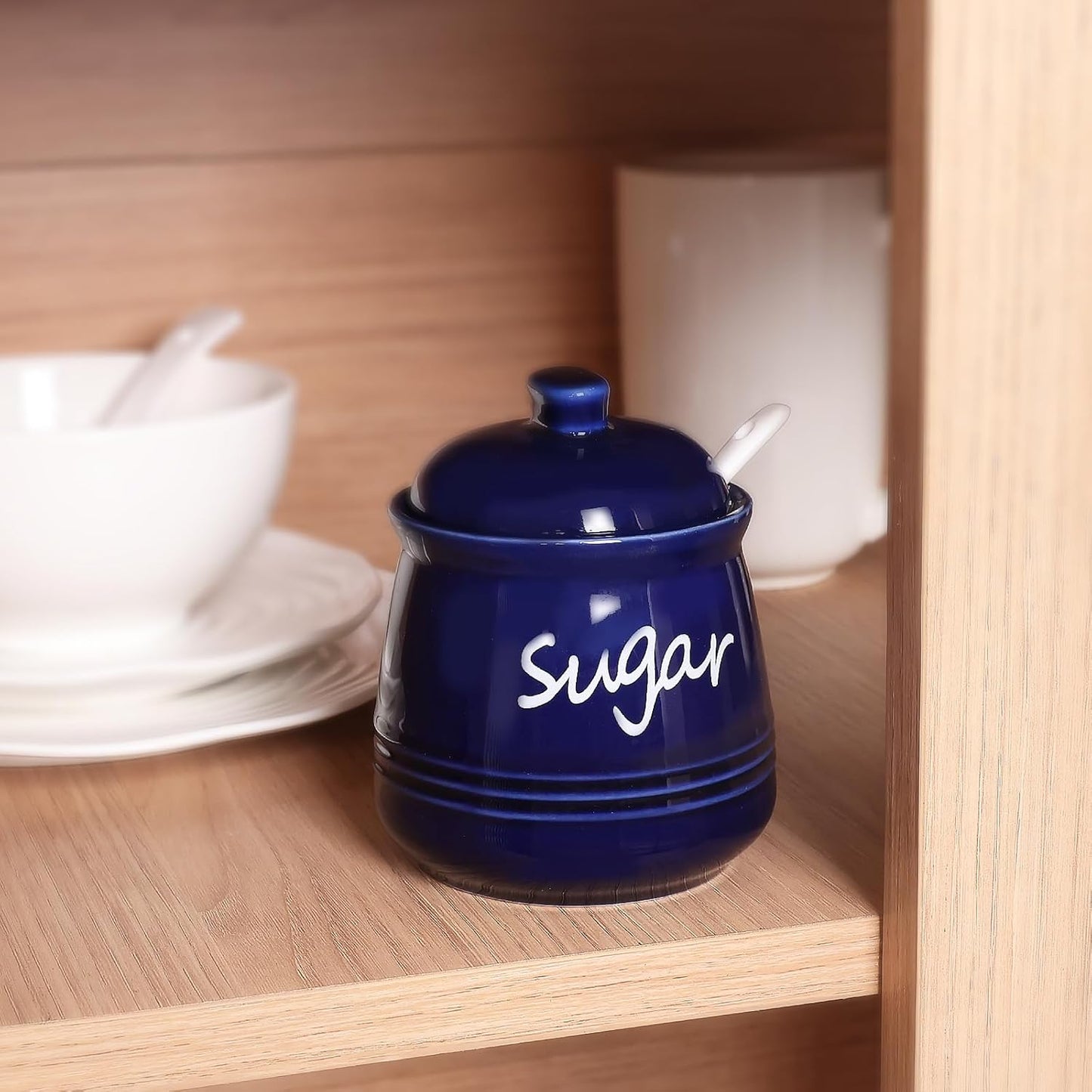 HAOTOP 12oz Sugar Bowl with Lid and Spoon,Ceramic Sugar Jar Sugar Dispenser Sugar Container Coffee