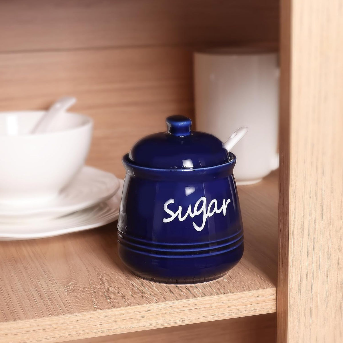 HAOTOP 12oz Sugar Bowl with Lid and Spoon,Ceramic Sugar Jar Sugar Dispenser Sugar Container Coffee