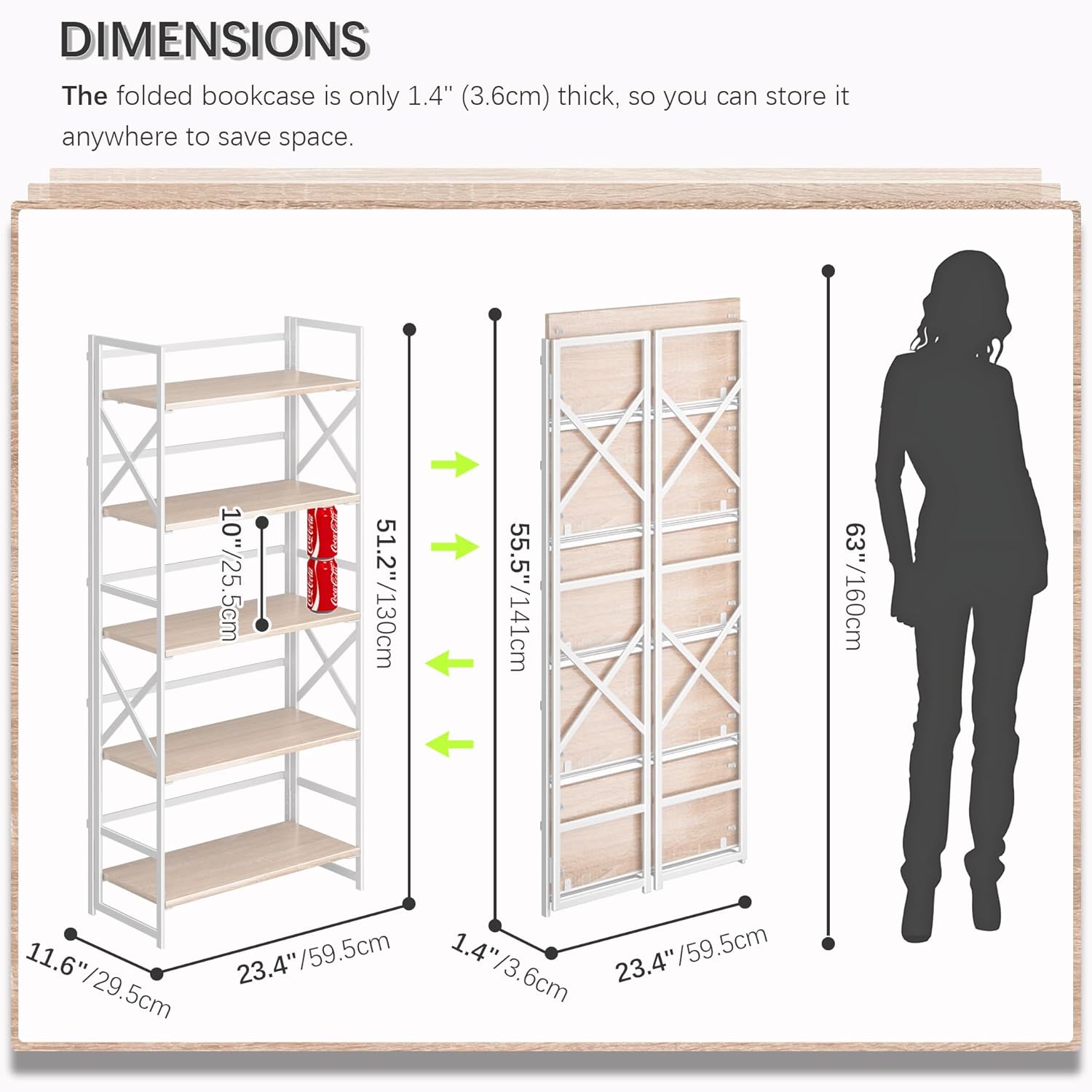 4NM 5 Tiers No Assembly Book Shelves, 51.2" H Folding Bookshelf Bookcase Open Industrial Foldable
