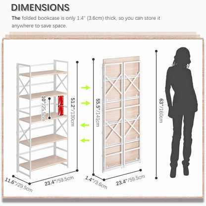4NM 5 Tiers No Assembly Book Shelves, 51.2" H Folding Bookshelf Bookcase Open Industrial Foldable