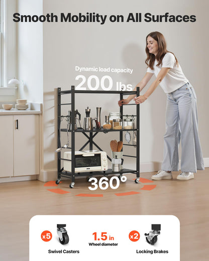 VEVOR 3-Tier Foldable Storage Shelf, 28W x 13D x 36H Inch Folding Metal Rack Shelving Unit, No