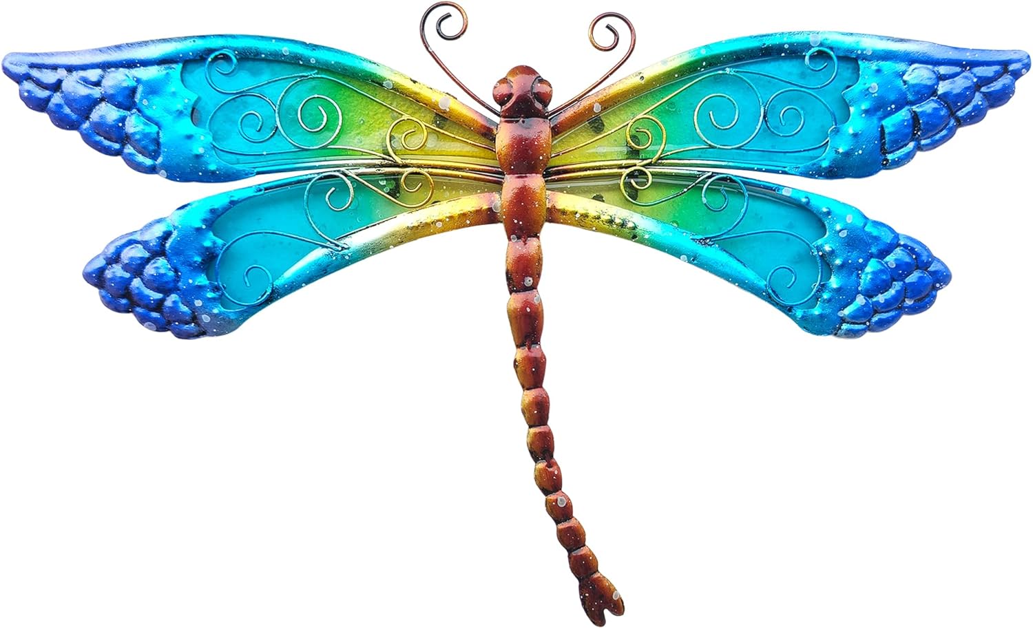 POXOHO Handmade Metal and Glass Dragonfly Wall Decor - Outdoor Garden Fence Art - 15 * 8.6 inches