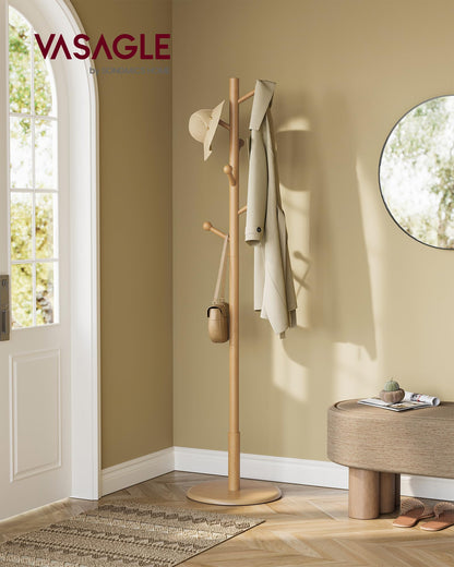 VASAGLE Solid Wood Coat Rack, Free Standing Hall Coat Tree with 7 Hooks, 3 Height Options, for
