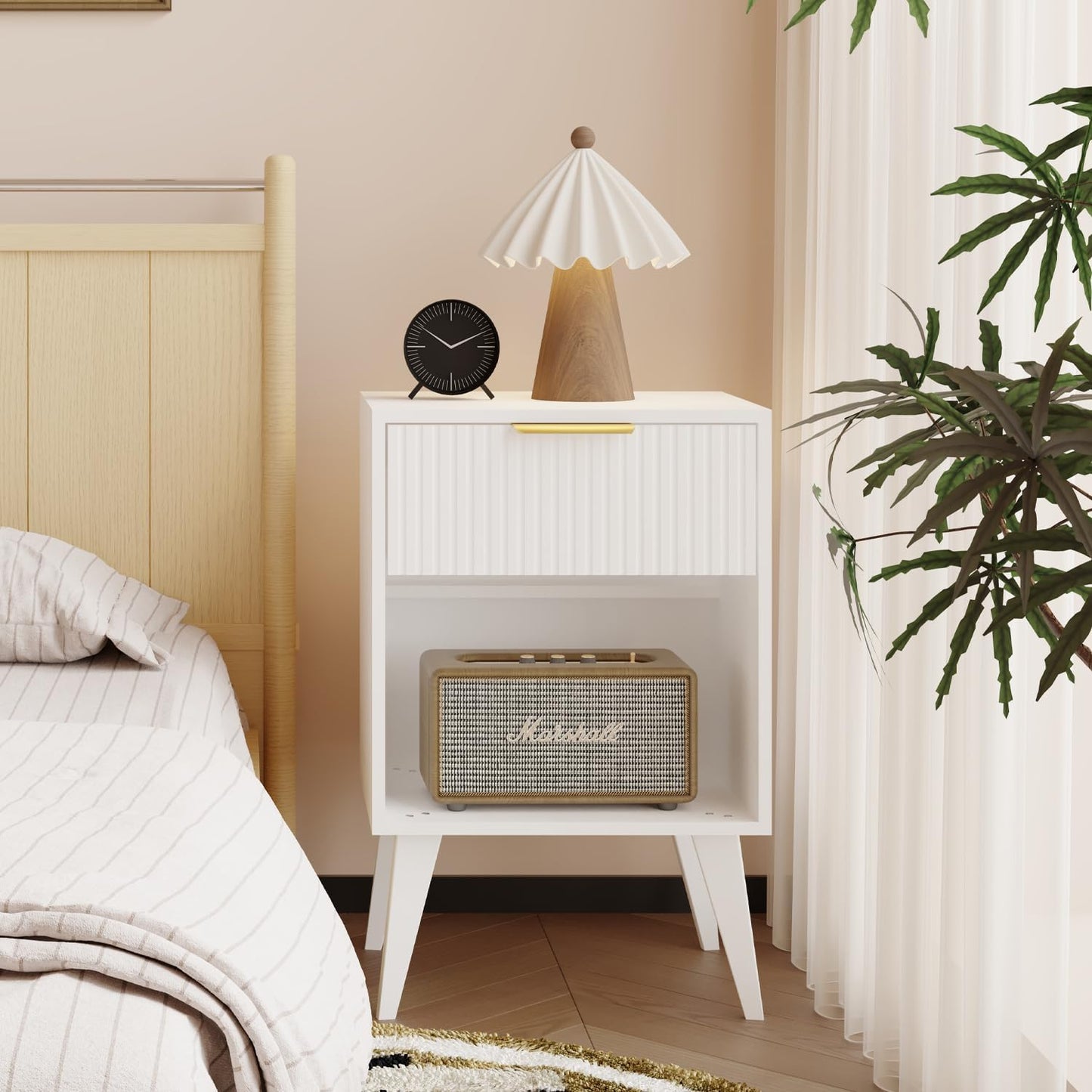 Fluted Night Stand with Opening Storage,Mid Century Bedside Table with Drawer,Modern Nightstand