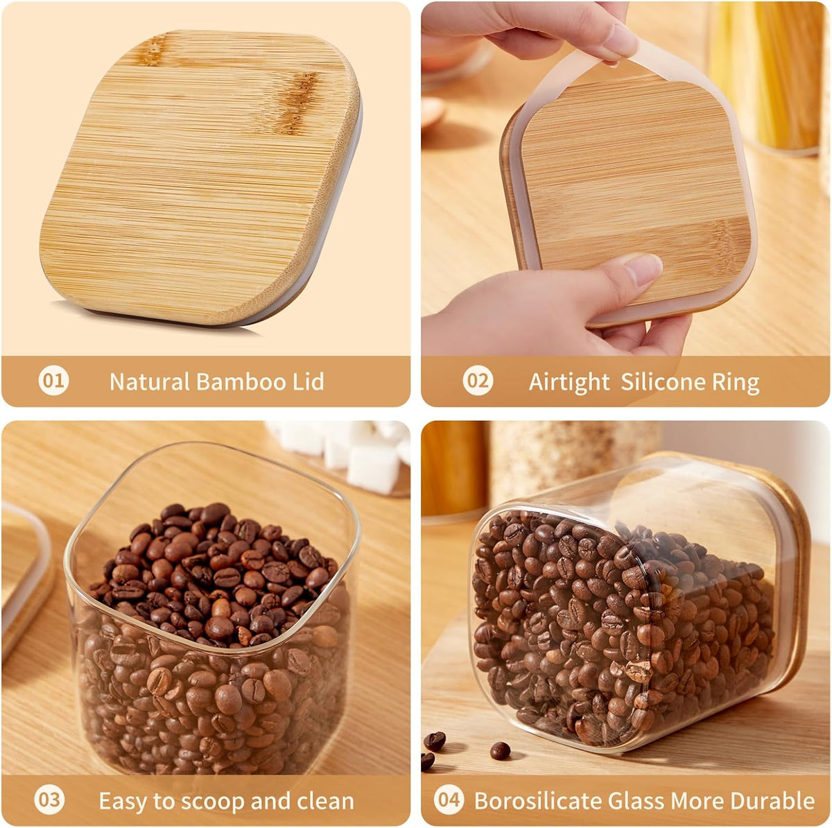 Square Glass Food Storage Jars with Lids[Set of 5], Perfect for Pasta, Cookies, Nuts, Coffee