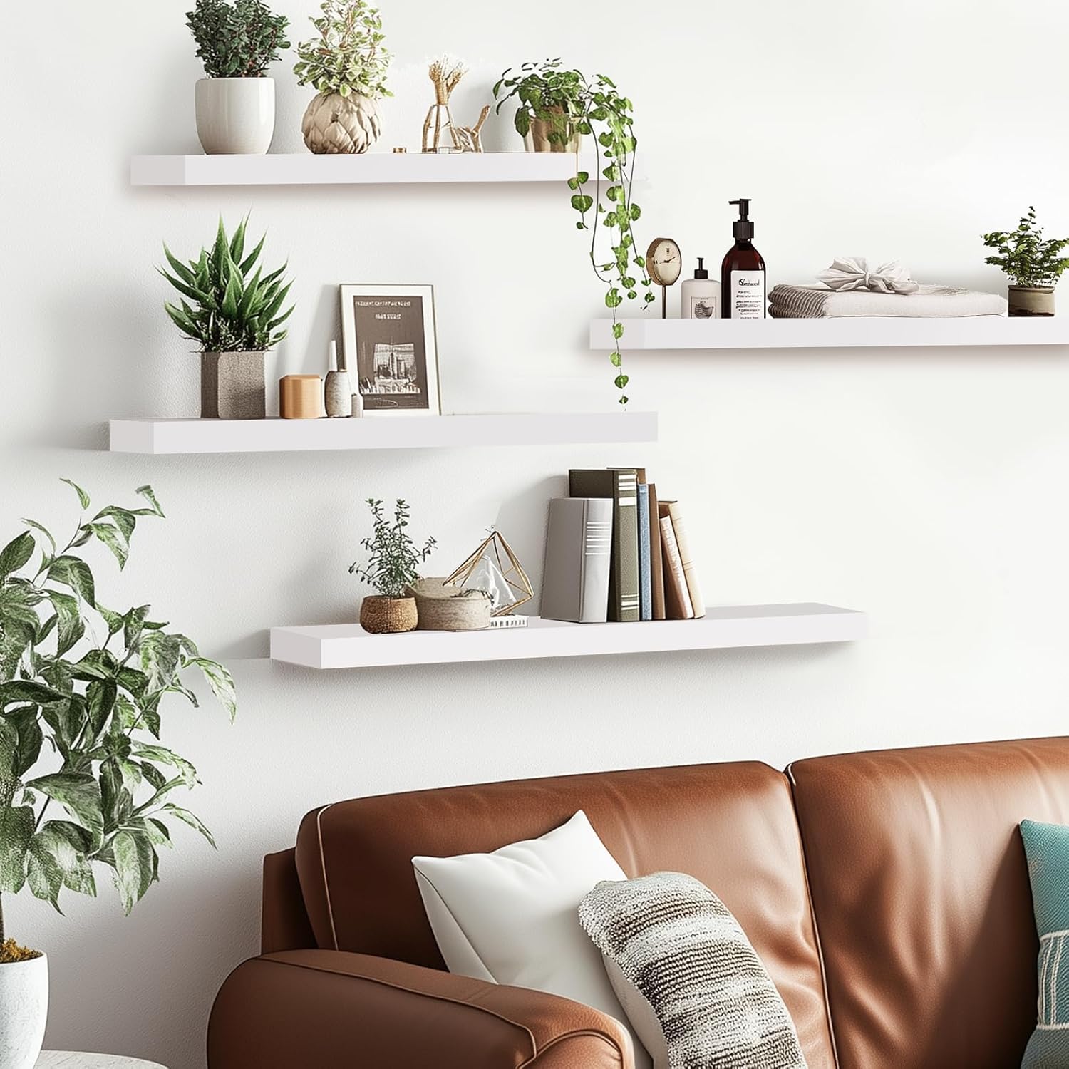 Floating Wall Shelves 4-Pack - Rustic White 16-inch Wooden Wall Shelves for Storage and Décor