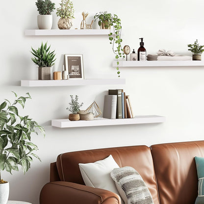 Floating Wall Shelves 4-Pack - Rustic White 16-inch Wooden Wall Shelves for Storage and Décor
