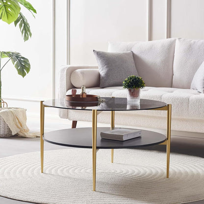 Round Coffee Table for Living Room, Mid-Century Modern Design, D30 x H17, 2-Tier Structure, Grey