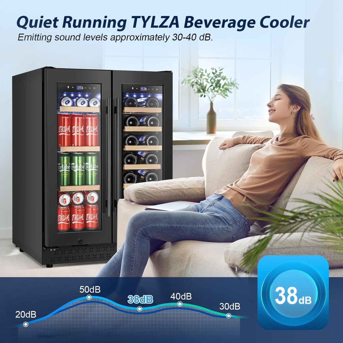 Tylza 24 Inch Wine and Beverage Refrigerator, Dual Zone Wine Beverage Cooler 24" with French Door