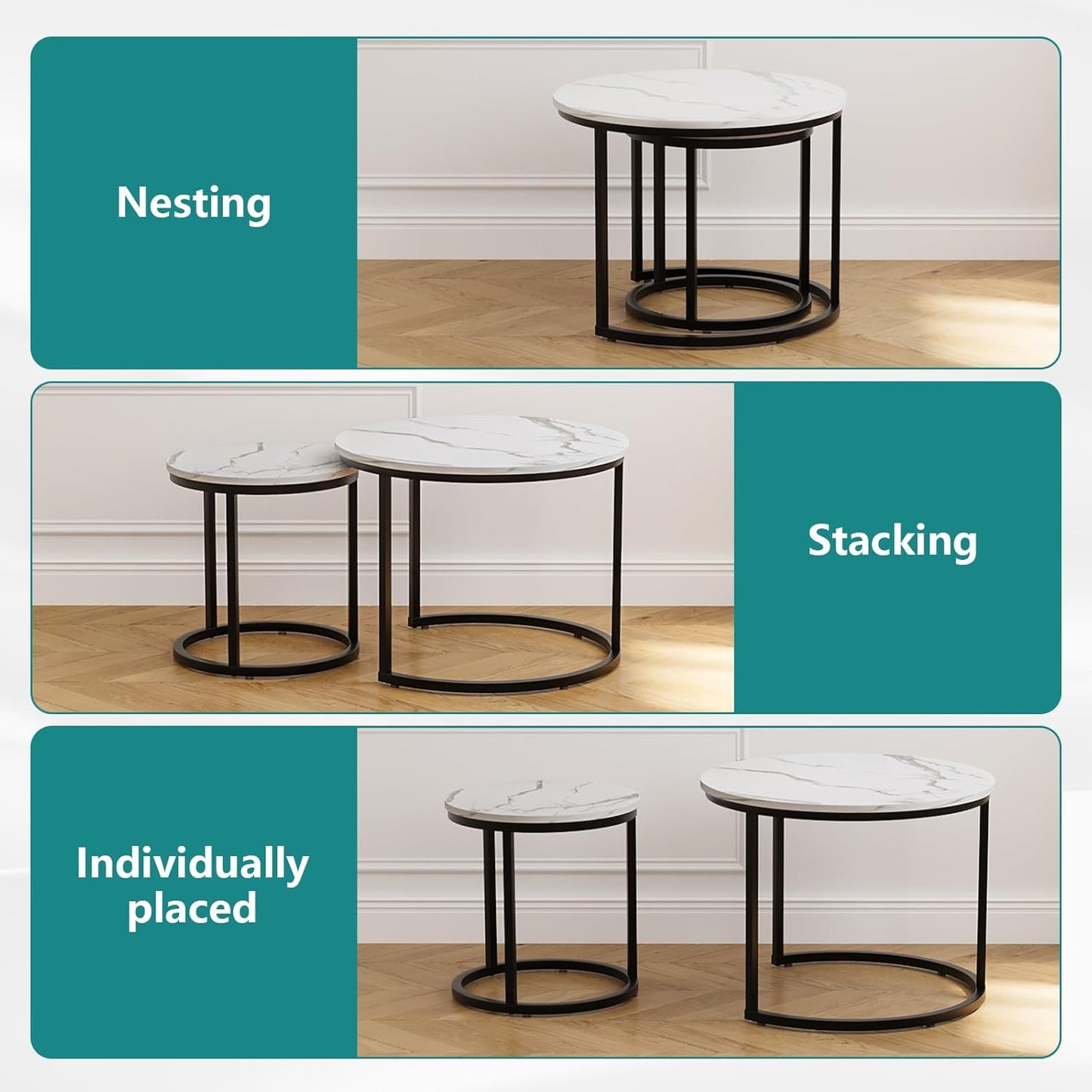 Smuxee White Nesting Coffee Table Set of 2, 23.6" Round Coffee Table Wood Grain Top with Adjustable