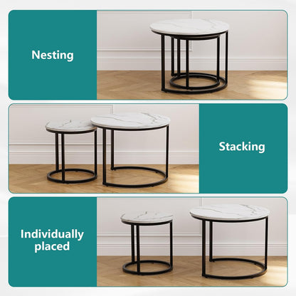 Smuxee White Nesting Coffee Table Set of 2, 23.6" Round Coffee Table Wood Grain Top with Adjustable