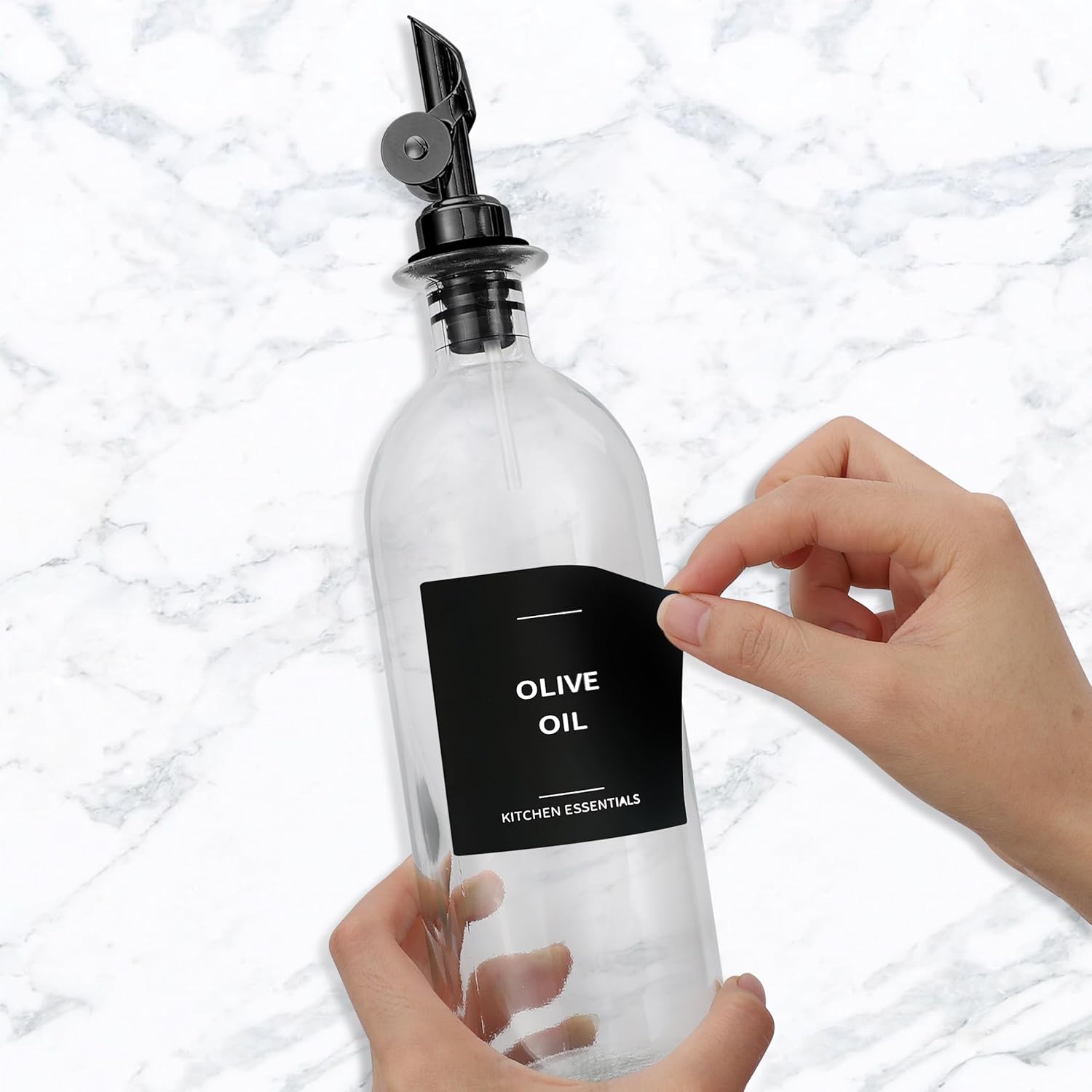 Olive Oil Dispenser Bottle - Includes 55 Kitchen Essential Labels - Cooking Oil Bottles for