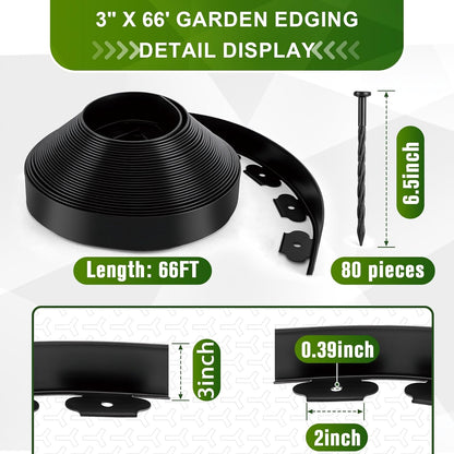 Landscape Edging, 3" x 66' Garden Edging, No Dig Edging for Landscaping with 80 Pcs Anchoring