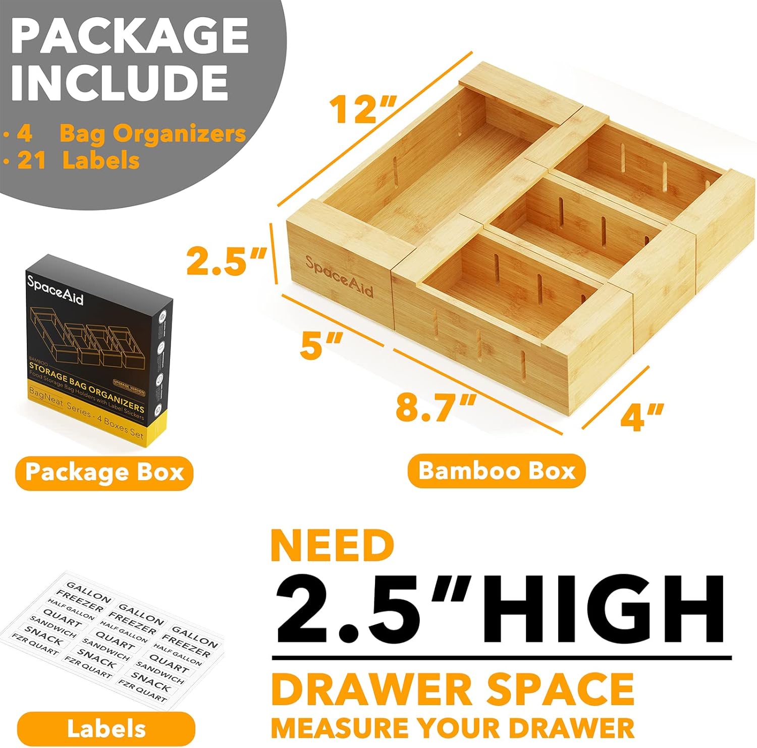 SpaceAid Bag Storage Organizer for Kitchen Drawer, Bamboo Organizer, Compatible with Gallon, Quart