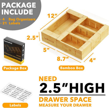 SpaceAid Bag Storage Organizer for Kitchen Drawer, Bamboo Organizer, Compatible with Gallon, Quart