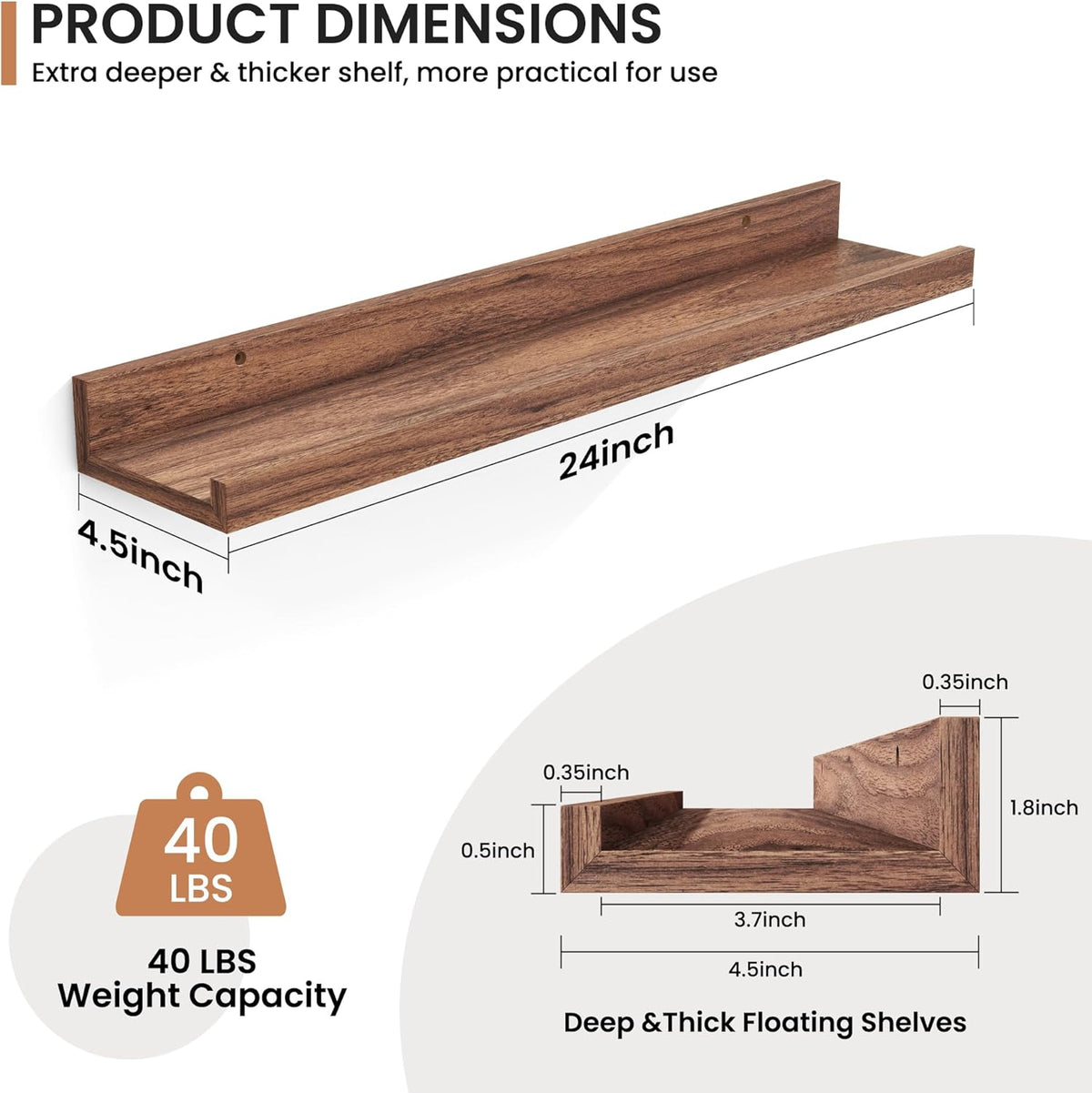 Fun Memories Picture Ledge Shelves Set of 2, 24 Inch Rustic Wall Mounted Floating Shelves with Lip