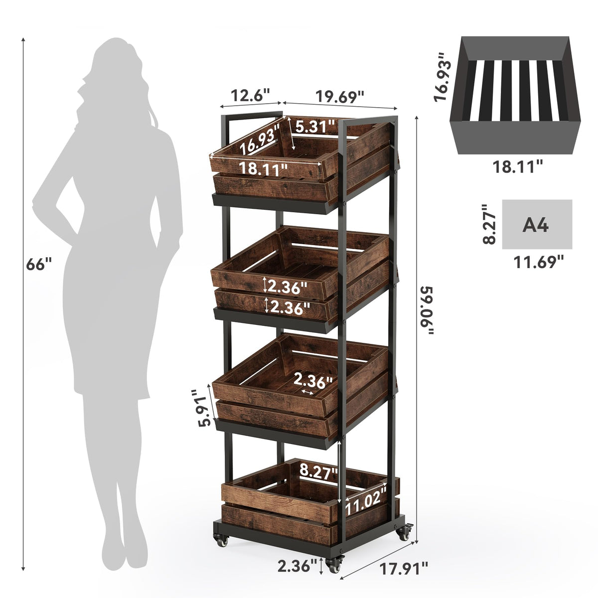 LITTLE TREE 4-Tier Basket Stand with Locked Wheels, Mobile Fruit and Vegetable Storage, Floor Stand