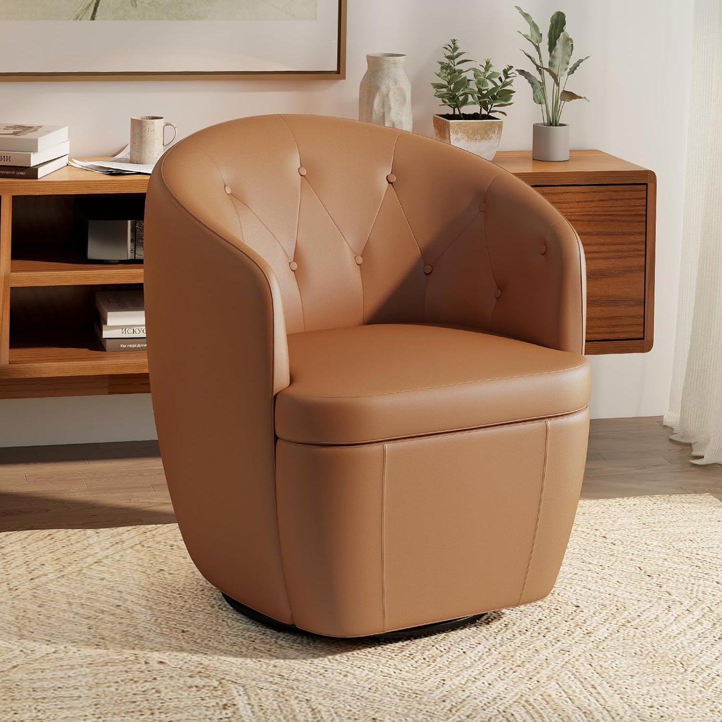 360° Swivel Leather Accent Chair, Modern Barrel Club Chair with Leather Upholstery and Sturdy Base