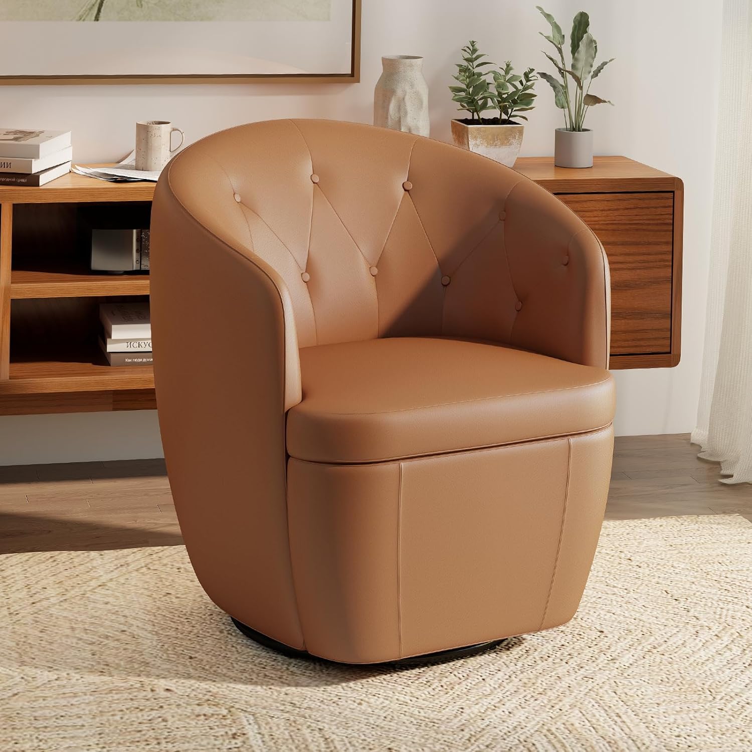 360° Swivel Leather Accent Chair, Modern Barrel Club Chair with Leather Upholstery and Sturdy Base