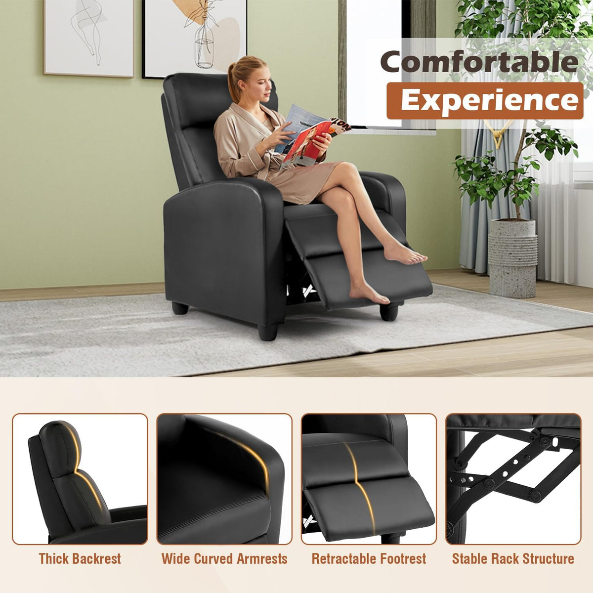 BestMassage | Recliner Chair | No Massage Function | Leather Black | with Lumbar Support