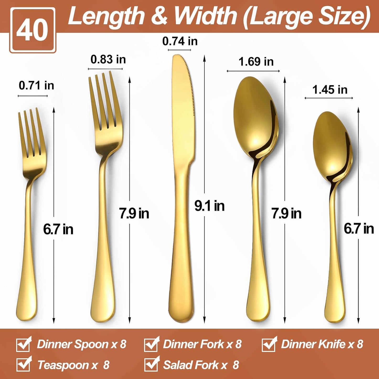 Lazycorner 40 Pcs Gold Silverware Set for 8, Food Grade Stainless Steel Flatware Set Include